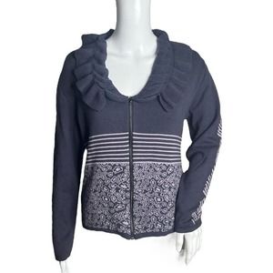 Skovhuus Sweater Womens Medium Purple Knit Ruffle Zip Front Cardigan Feminine‎